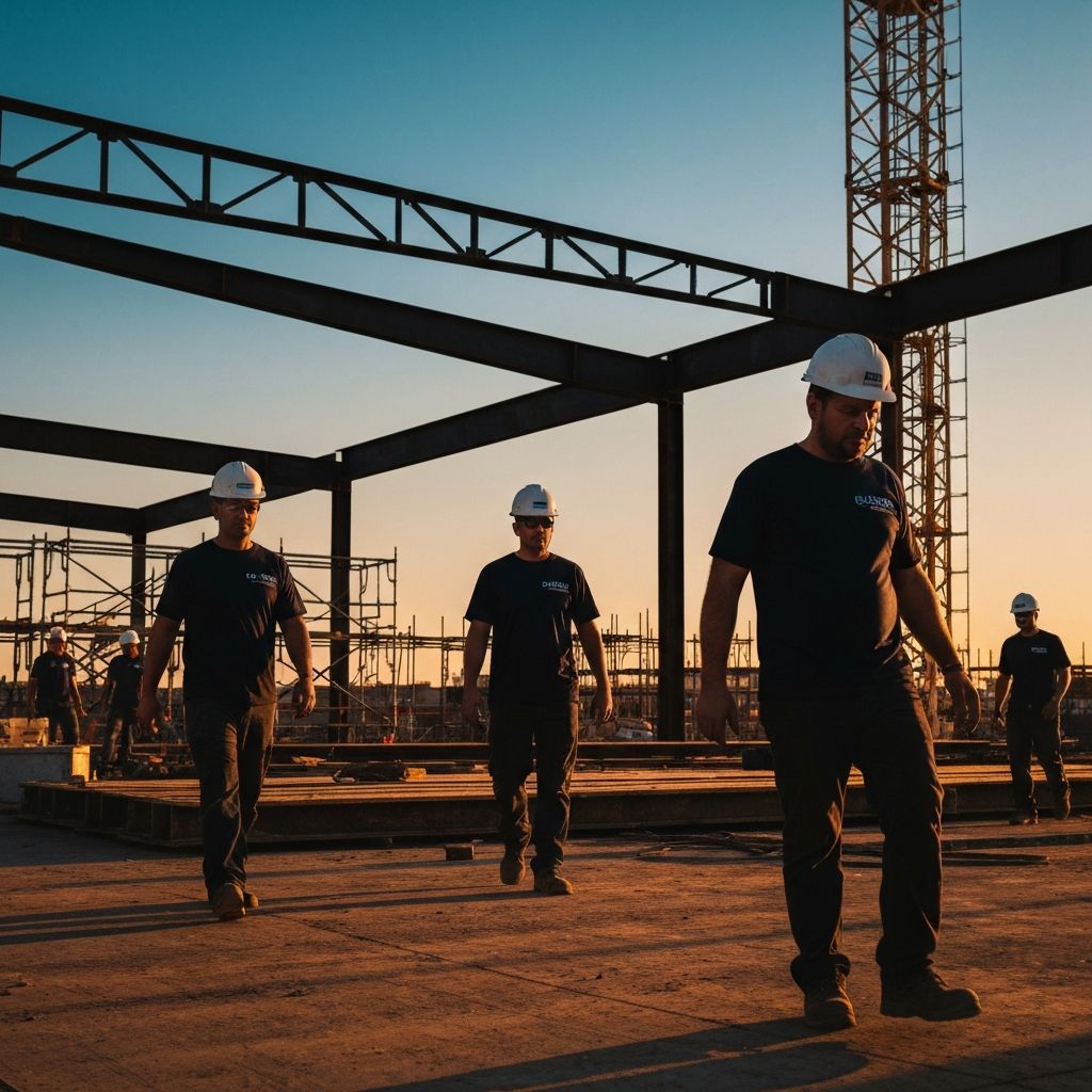 Industrial welding workshop with sparks flying, representing the durability of contractor workwear